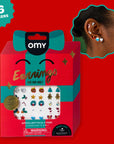 Boucles d'oreilles autocollantes de Noël OMY, rennes et sapins pour enfant, vue d'ensemble