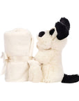 Doudou Bashful Black & Cream Puppy Soother Jellycat, chiot enlacé avec le carré de tissu