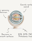 Jouet d'éveil bébé balle à ventouse Suction Spinner Mushie, schéma de fixation et de rotation