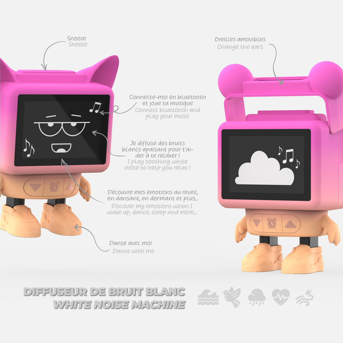Réveil Dancing Clock rose MOB, oreilles en silicone version panda ou renard
