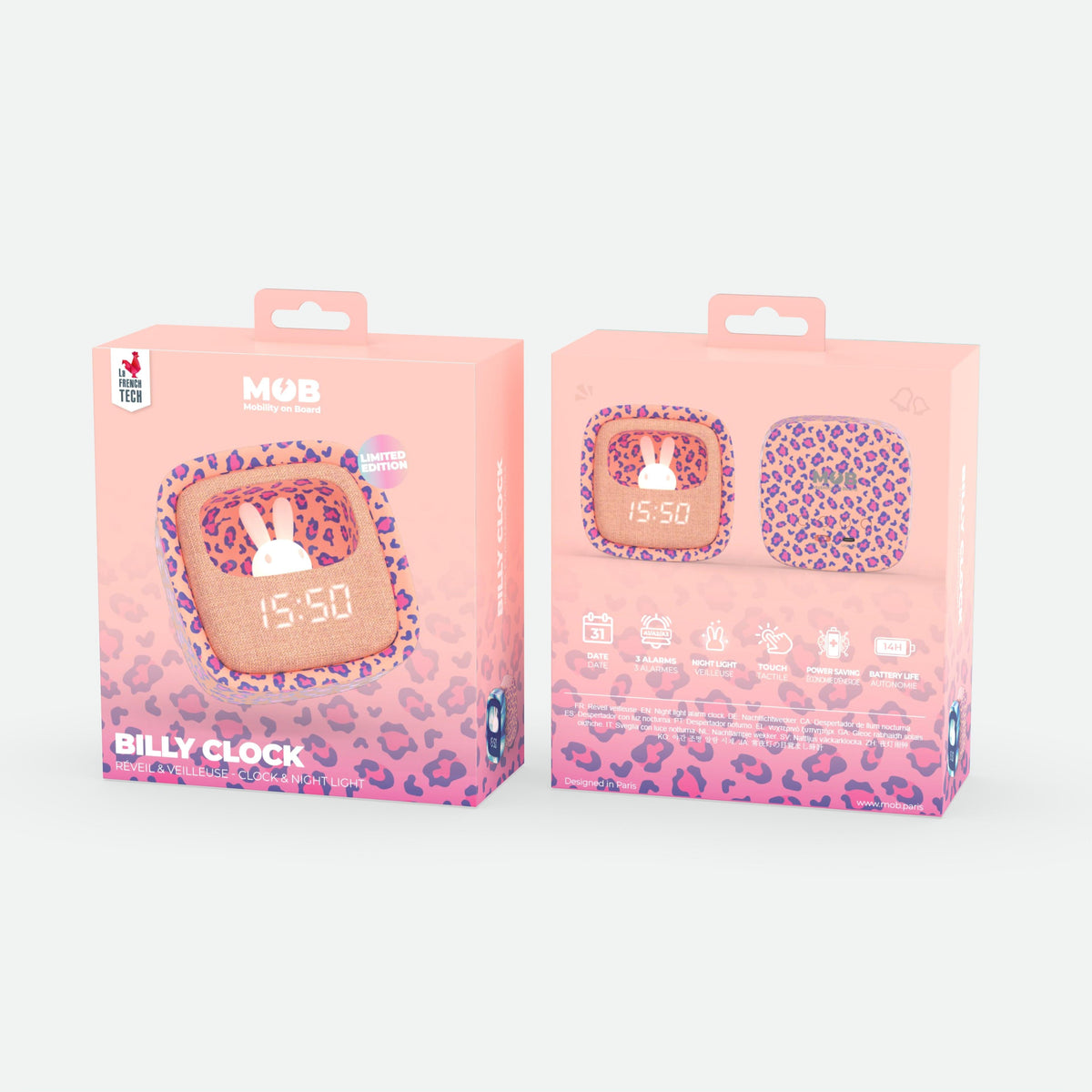 Billy Clock Pink Leopard MOB, cinq sonneries apaisantes dont oiseaux et berceuse