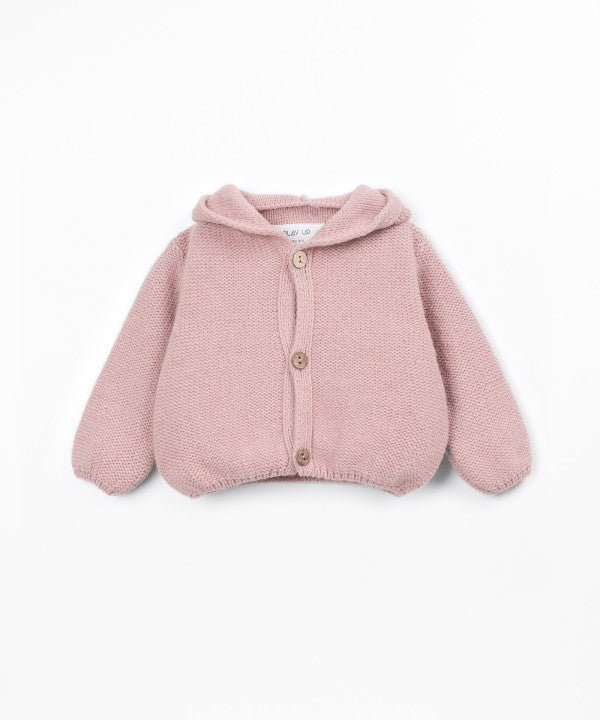 Manteau bébé en tricot saumon Play Up Beira, capuche à pompon et ouverture frontale
