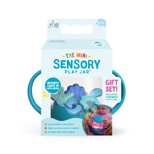 Mini bocal sensoriel lumineux bleu pour enfant Glo Pals Mini Sensory Jar Blue, emballage cadeau avec fillers
