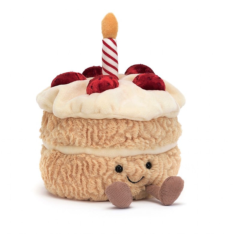 Peluche Amuseables Birthday Cake Jellycat, de face, avec sa bougie