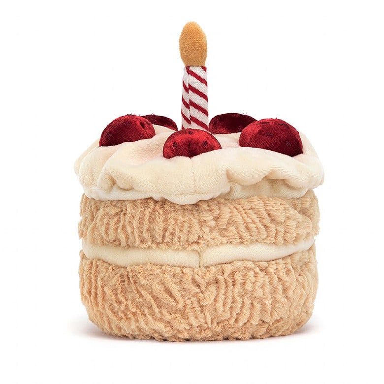 Peluche Amuseables Birthday Cake Jellycat, de face, crème et fruits rouges