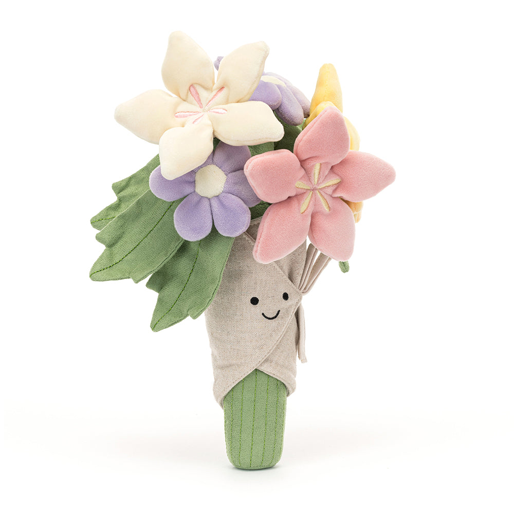 Peluche Amuseables Bouquet of Flowers Jellycat, de trois quarts, fleurs roses et violettes