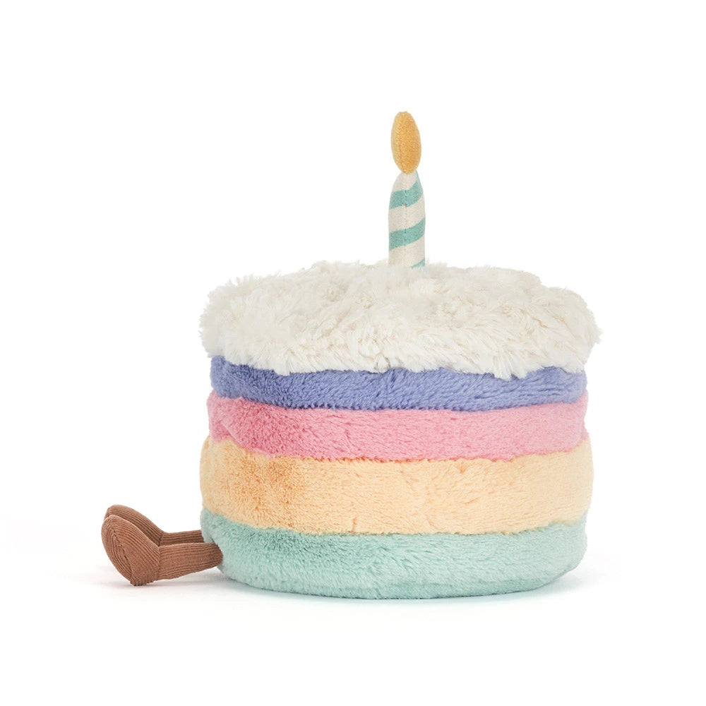 Peluche Amuseables Rainbow Birthday Cake Jellycat, de profil, étages arc-en-ciel