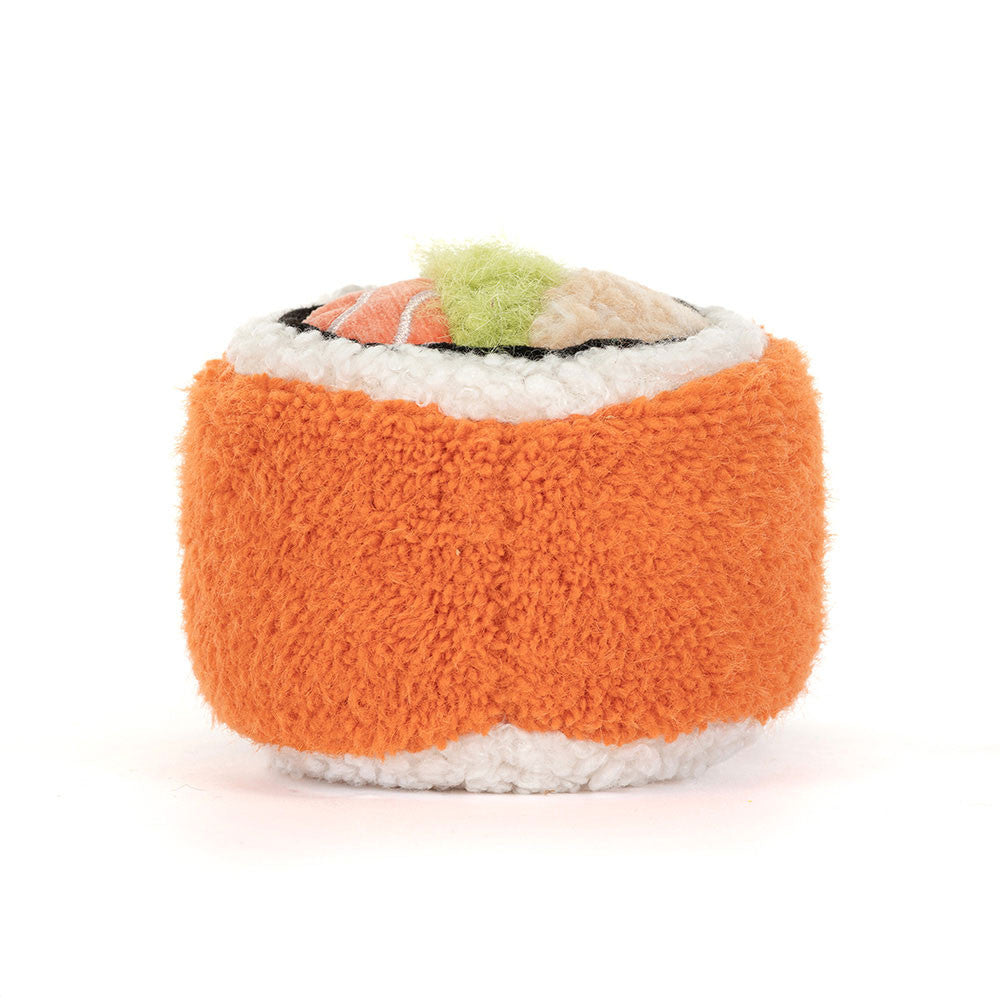 Peluche Amuseables Codhi Californian Roll Jellycat, de profil, riz blanc et algue