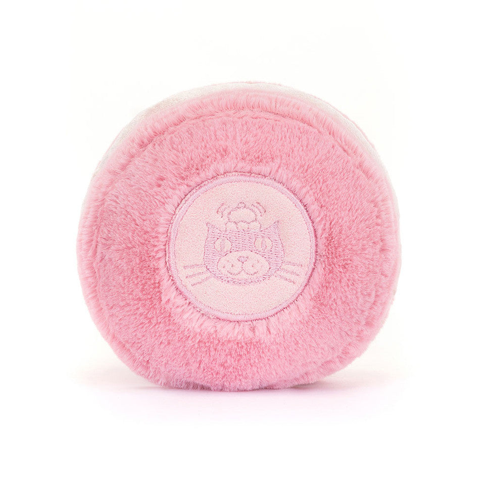 Peluche Amuseables Mia Macaron Framboise Jellycat, vue de dessus, logo brodé