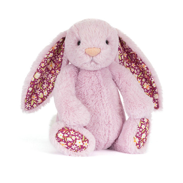 Peluche Thistlepop Blossom Luxe Bunny Original Jellycat, de trois quarts, motifs dorés