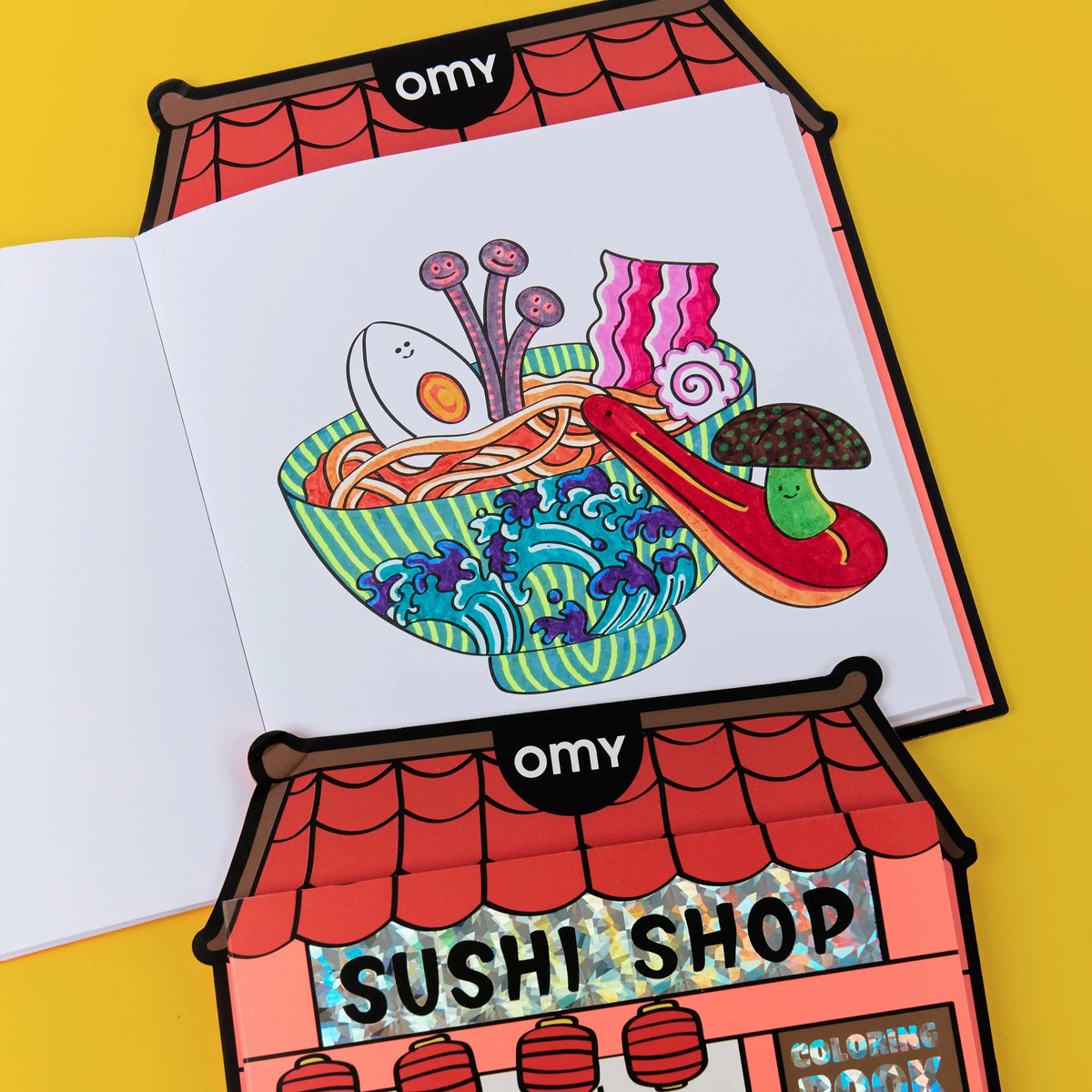 Carnet de coloriage sushi kawaii Sushi Shop OMY avec stickers, détail du contenu