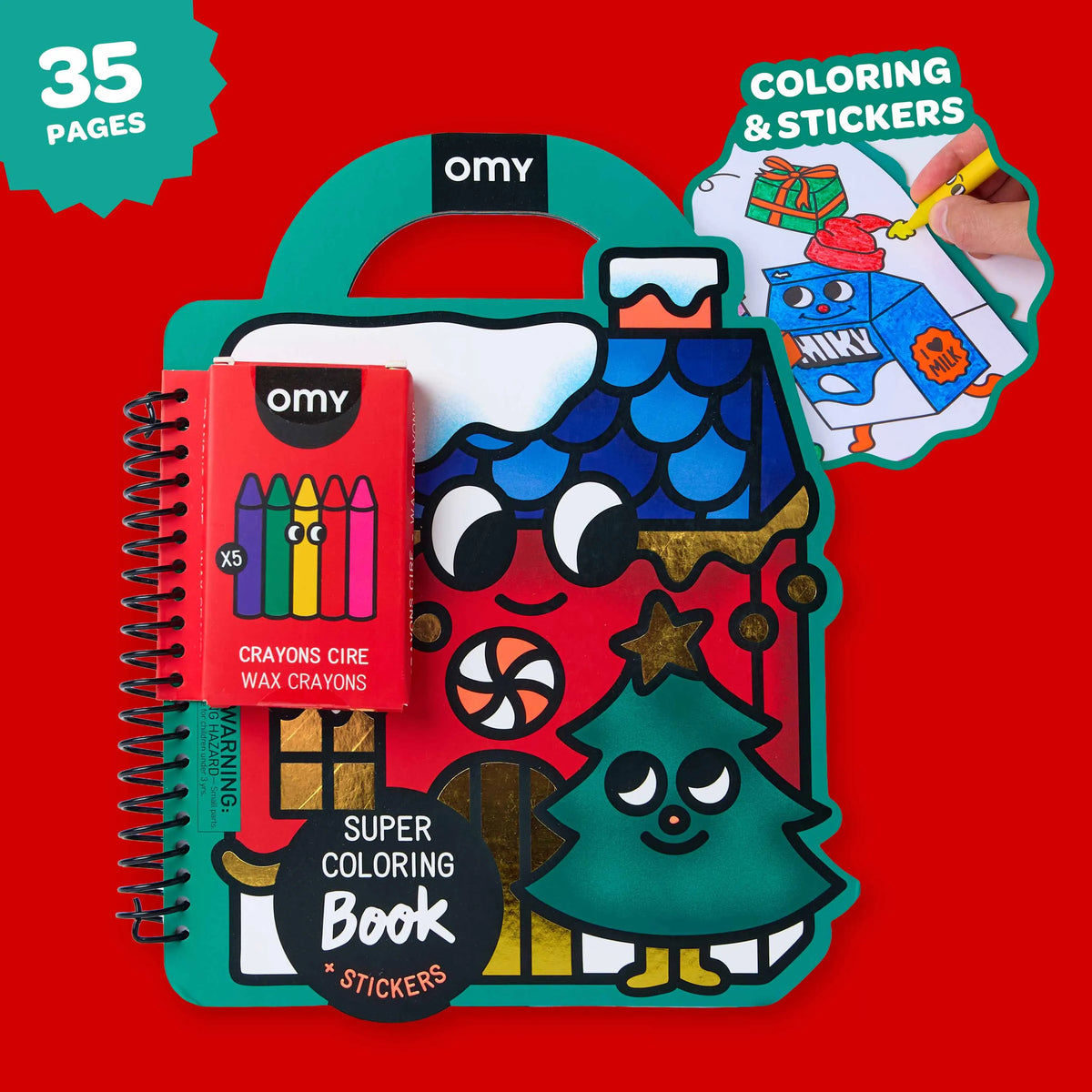 Livre de coloriage et stickers de Noël OMY avec 5 crayons de cire, vue d'ensemble