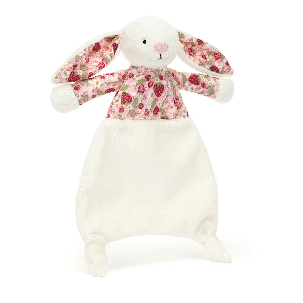 Doudou Blossom Cream Bunny Berry Comforter Jellycat, de face, oreilles aux fraises