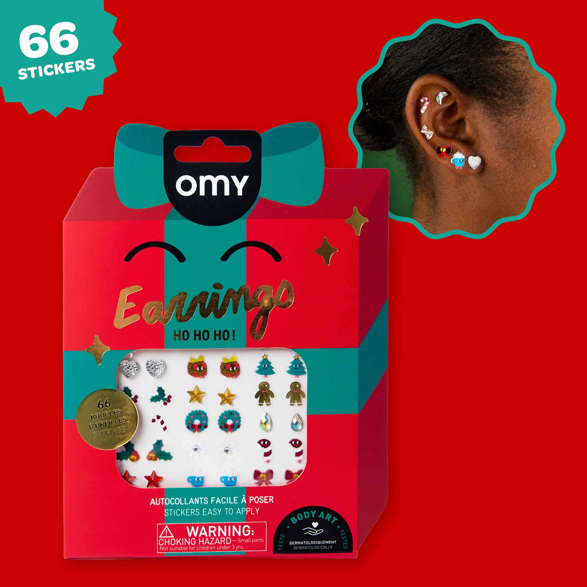 Boucles d'oreilles autocollantes de Noël OMY, rennes et sapins pour enfant, vue d'ensemble
