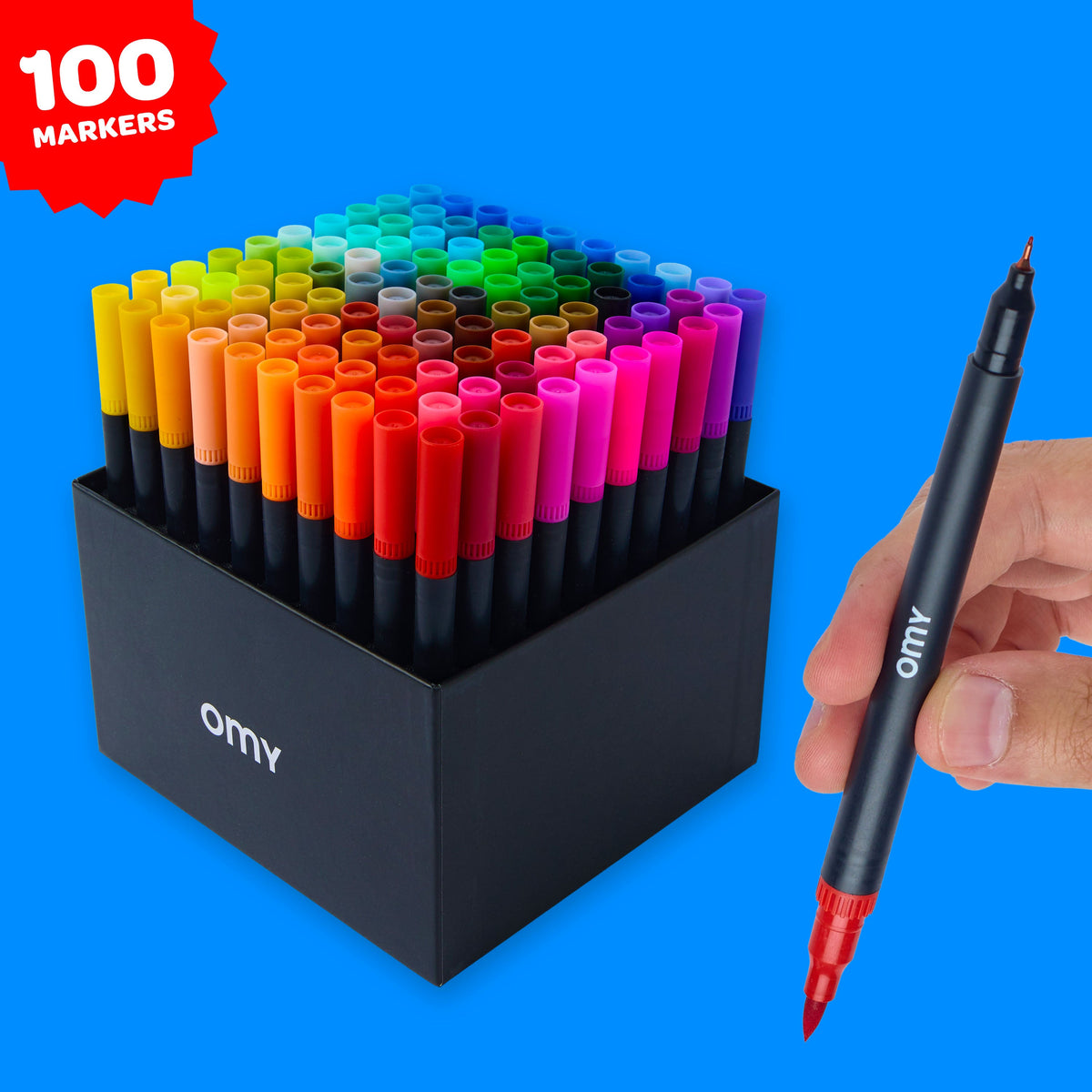 Box de 100 feutres double-pointe pinceau et extra fine OMY, 100 teintes, vue d'ensemble