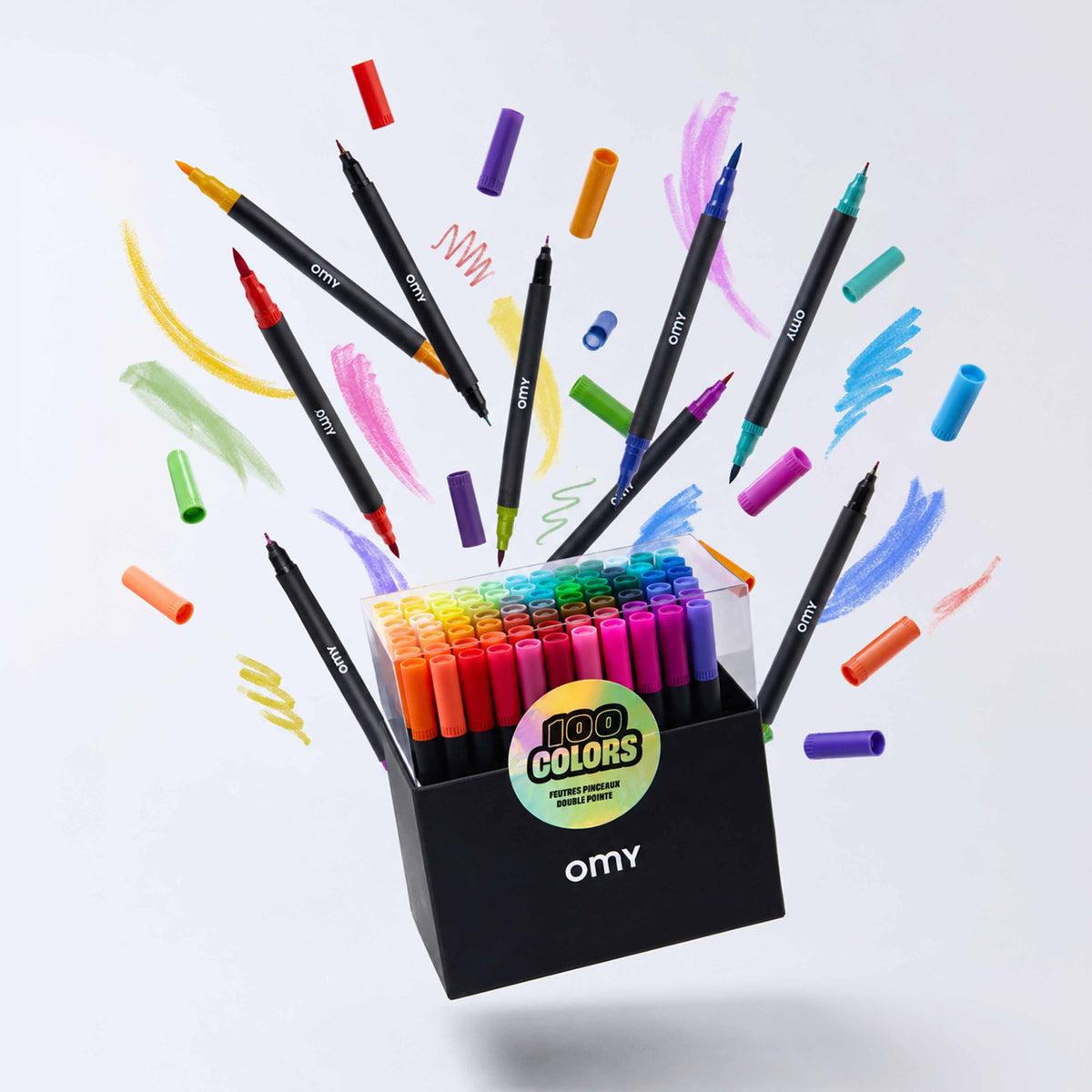Box de 100 feutres double-pointe pinceau et extra fine OMY, 100 teintes, autre angle