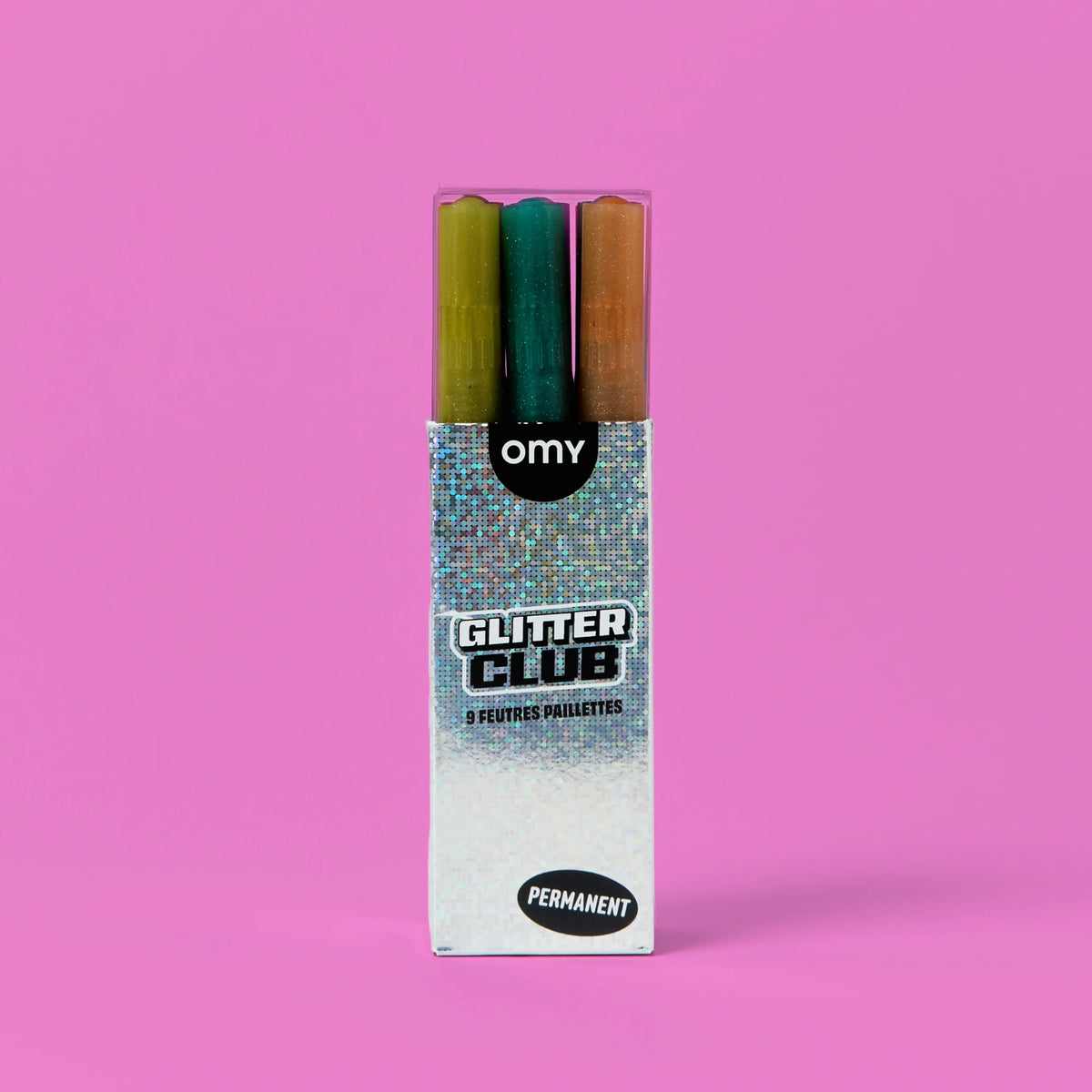 Boîte de 9 feutres à paillettes Glitter OMY pour coloriage scintillant, détail du contenu