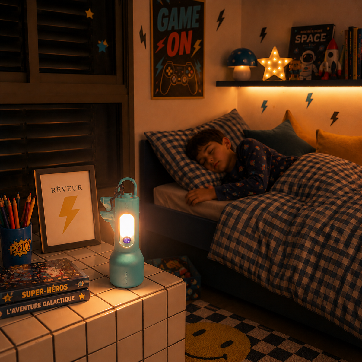 Veilleuse Glowy bleue MOB, idéale pour lire une histoire avant de dormir
