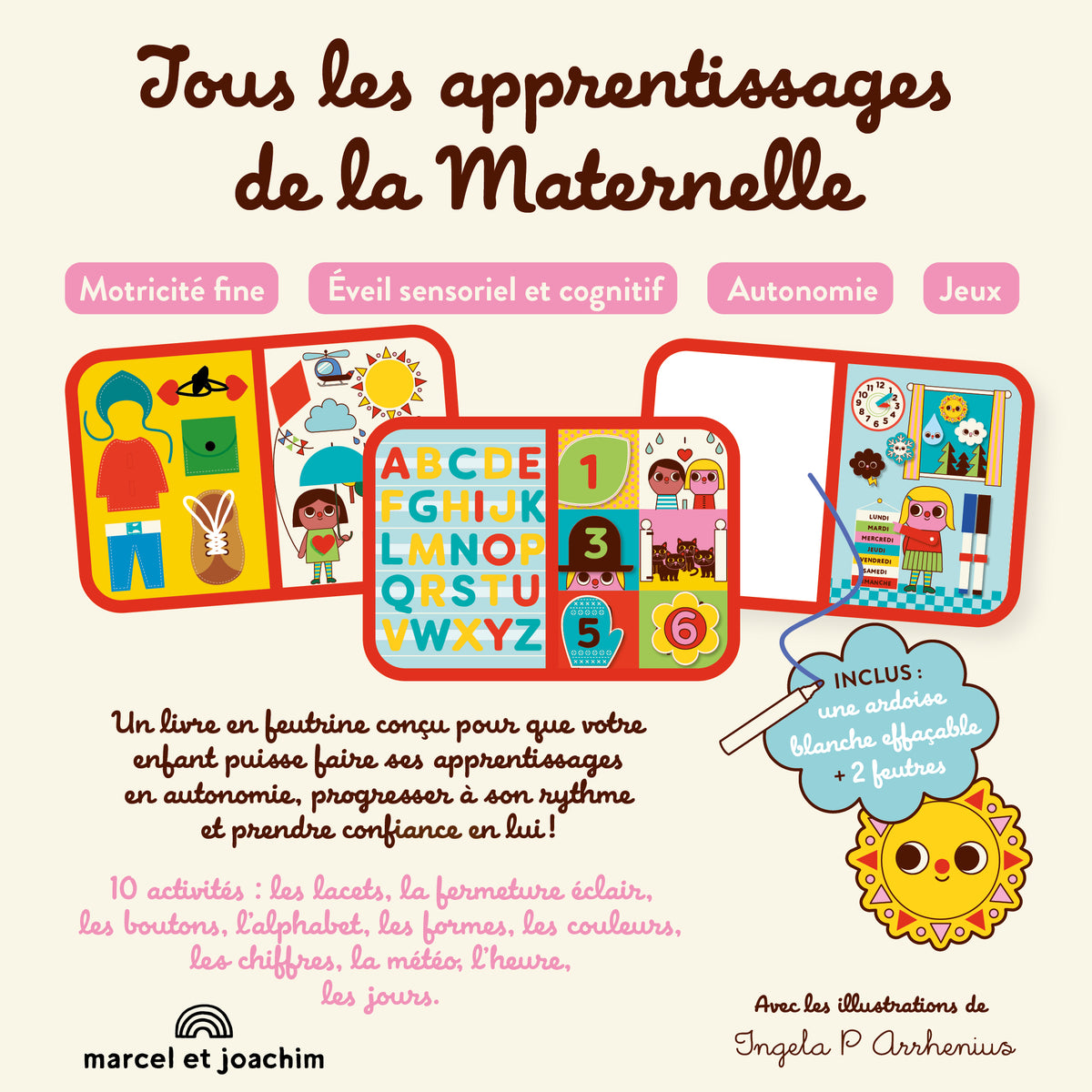 Mon livre d’apprentissages Montessori Marcel &amp; Joachim : ardoise blanche et deux feutres effaçables