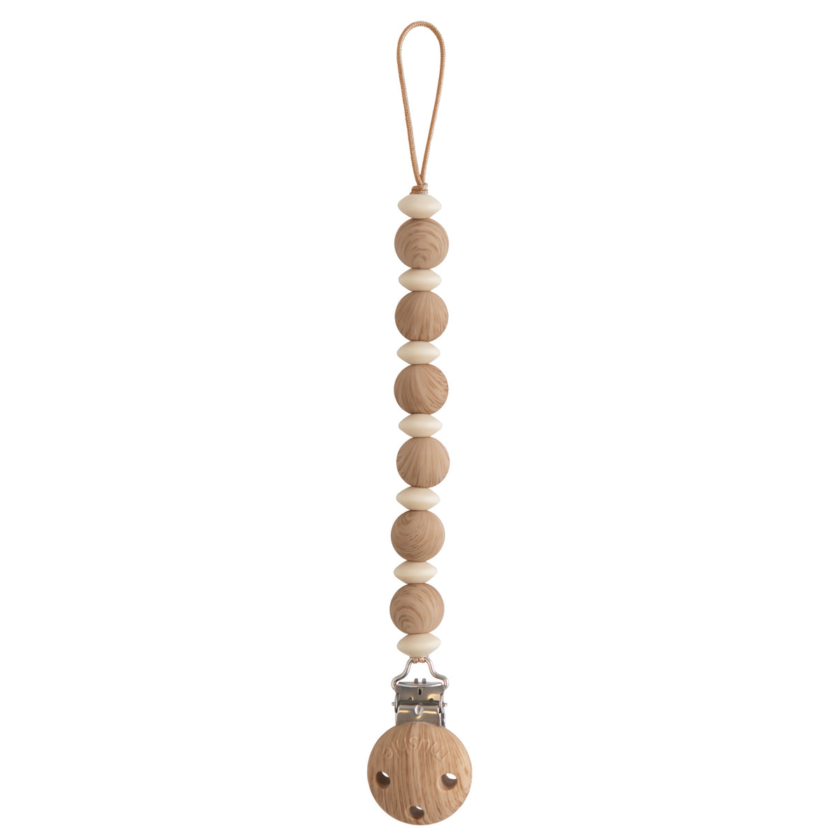 Attache-tétine bébé Luna Faux Wood effet bois Mushie, finition effet bois, perles de deux tailles