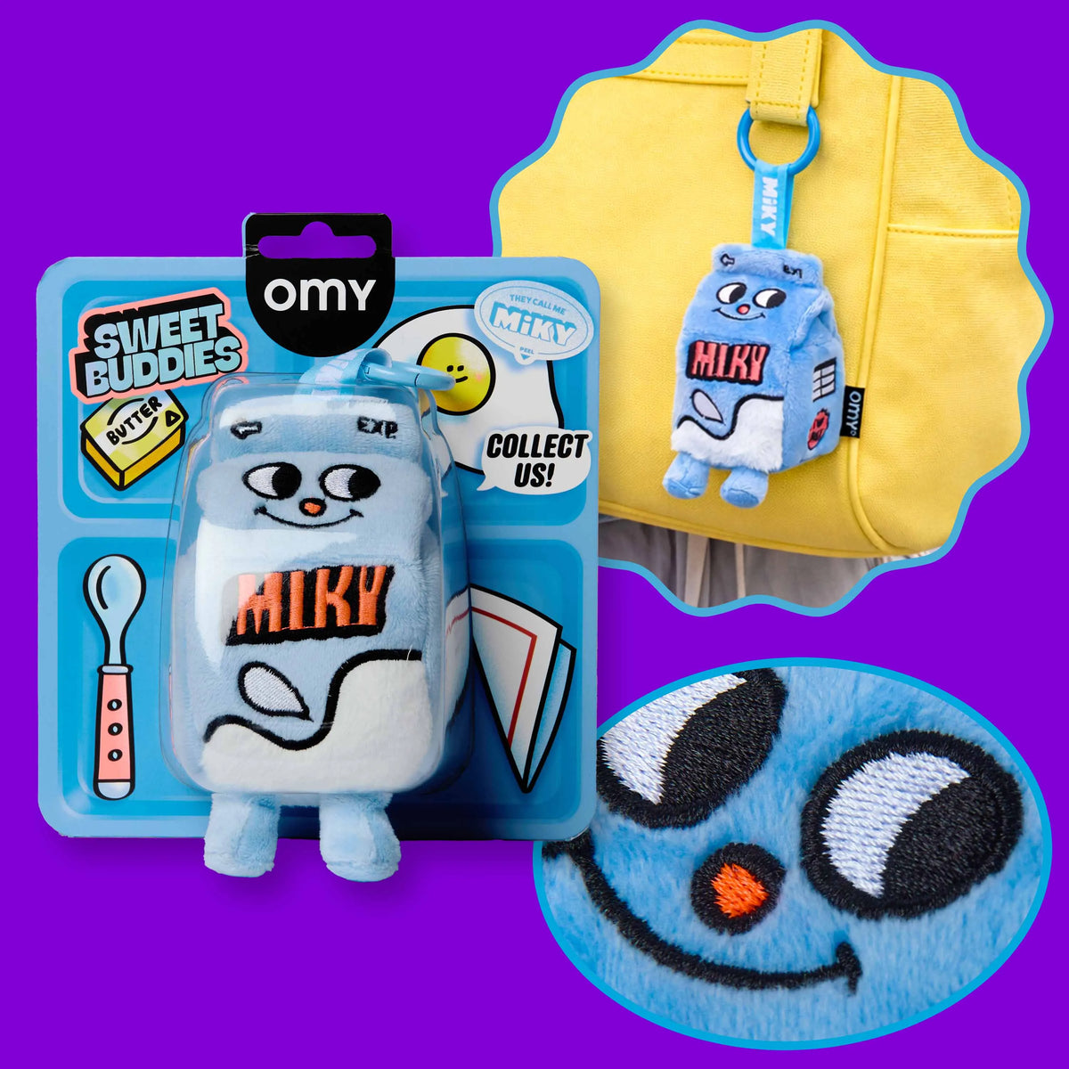 Peluche porte-clés Sweet Buddies Miky OMY, dans son emballage et accrochée à un sac