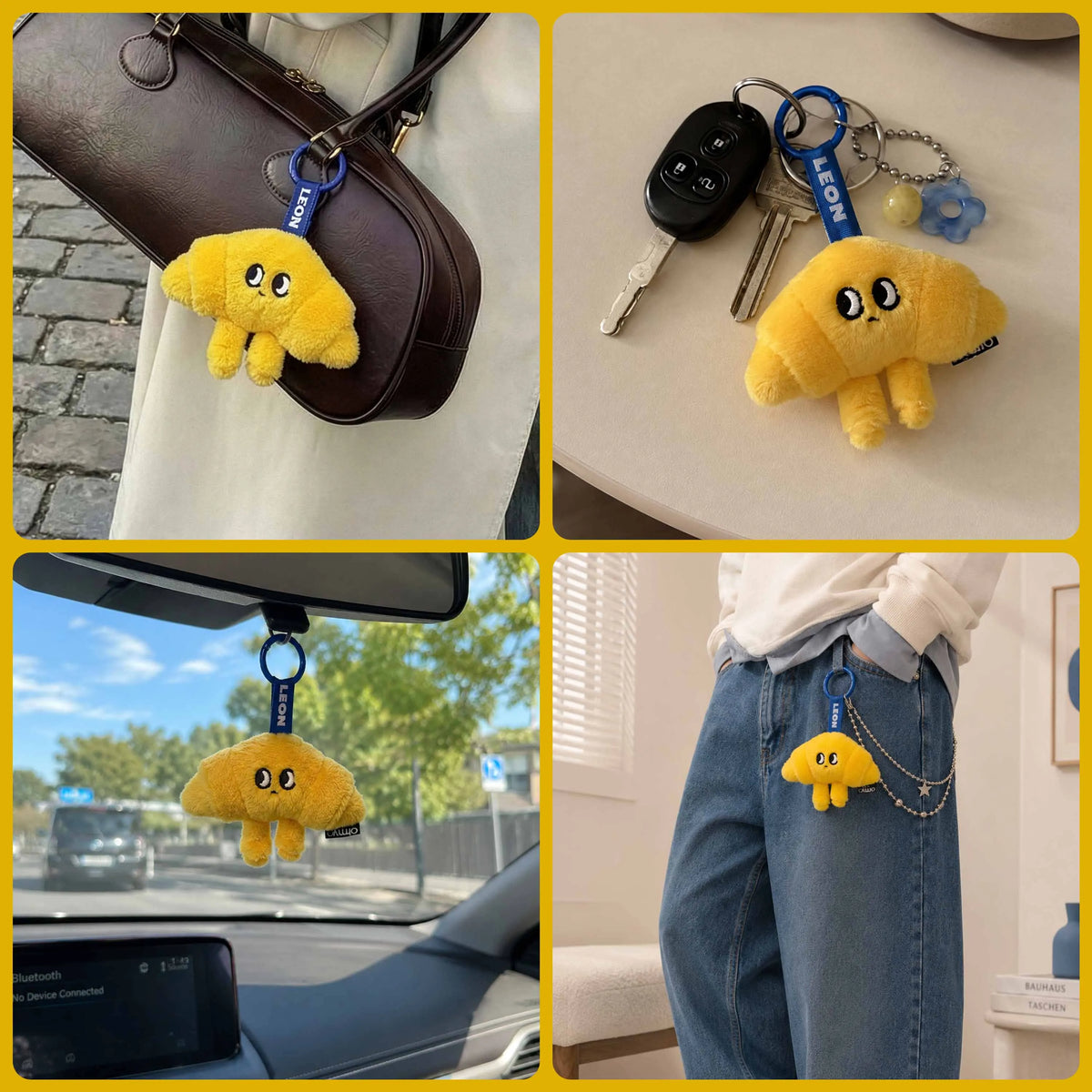 Porte-clés peluche Léon Sweet Buddies accroché à un sac, des clés, une voiture et un jean