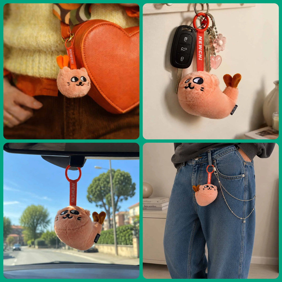 Porte-clés peluche Mewchi Sweet Buddies accroché à un sac, des clés, une voiture et un jean
