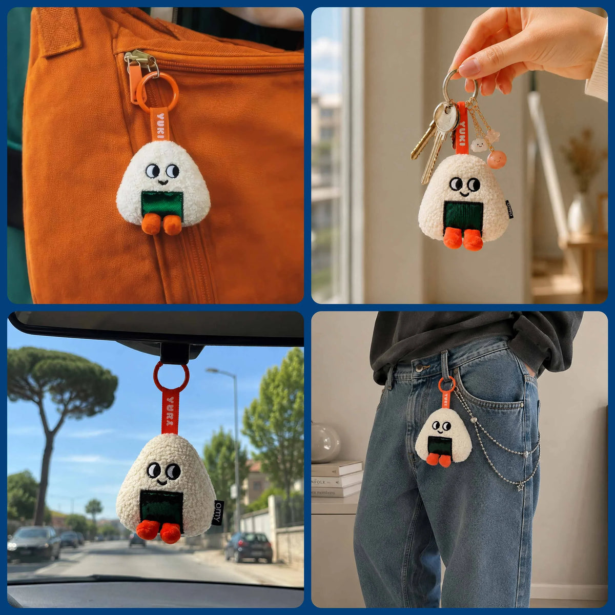 Porte-clés peluche Yuki Sweet Buddies accroché à un sac, des clés, une voiture et un jean