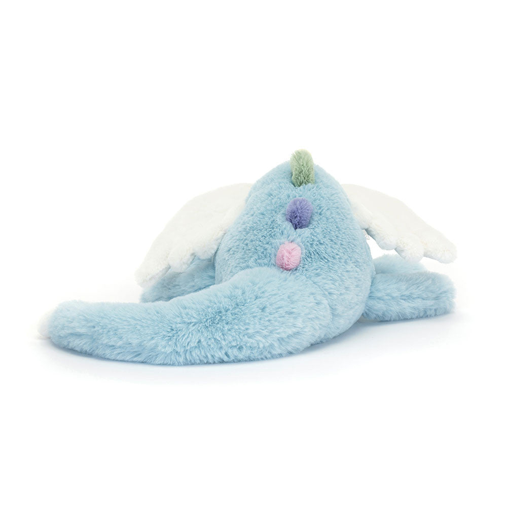 Peluche Sky Dragon Large Jellycat, vue de dessus, épines arc-en-ciel