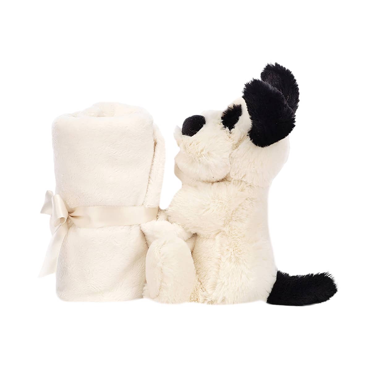 Doudou Bashful Black & Cream Puppy Soother Jellycat, chiot enlacé avec le carré de tissu