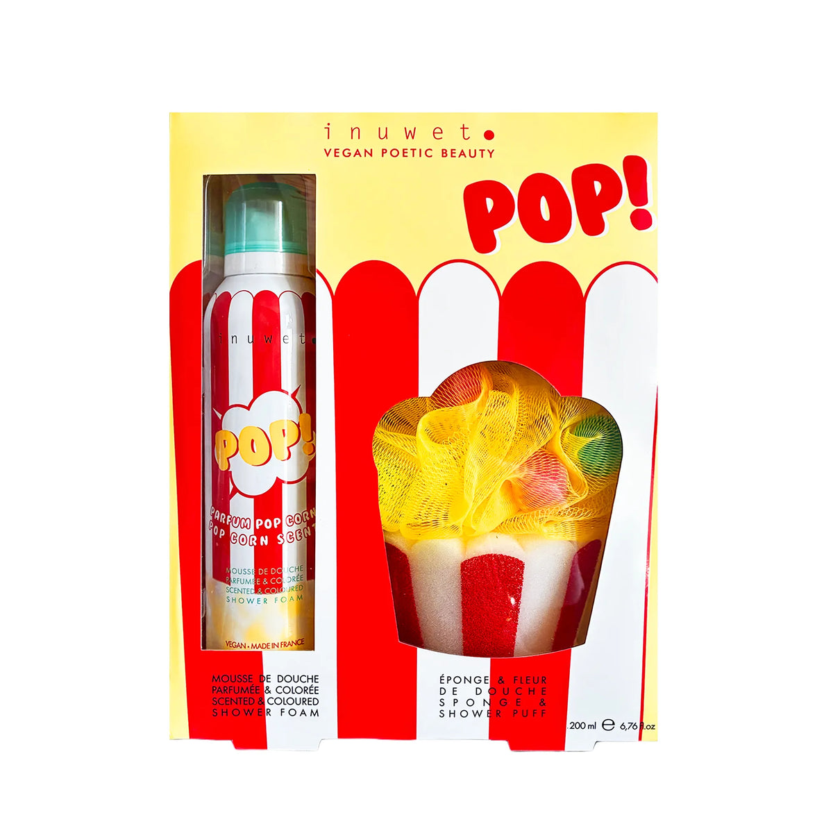 Coffret de bain enfant mousse de douche jaune pop-corn Inuwet Pop avec éponge et fleur de douche