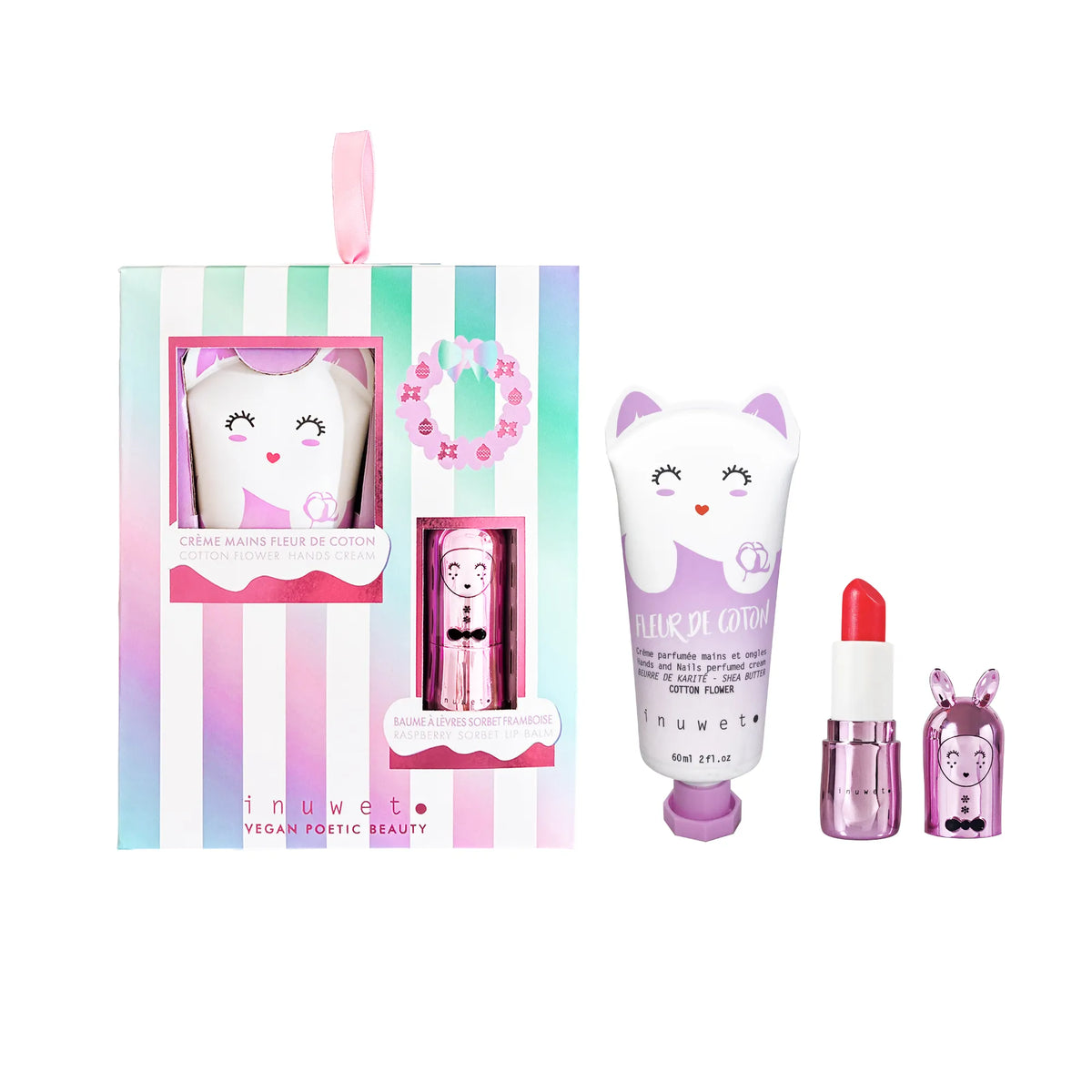 Coffret mains et lèvres enfant Inuwet LiMagic, crème en forme de chat et baume sorbet framboise