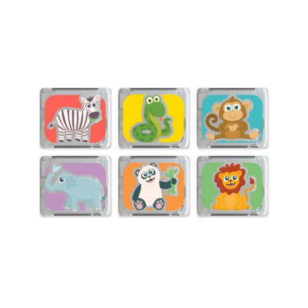 Six cubes lumineux Zany Zoo de Glo Pals sur fond blanc, illustrés d’un zèbre, d’un serpent, d’un singe, d’un éléphant, d’un panda et d’un lion.