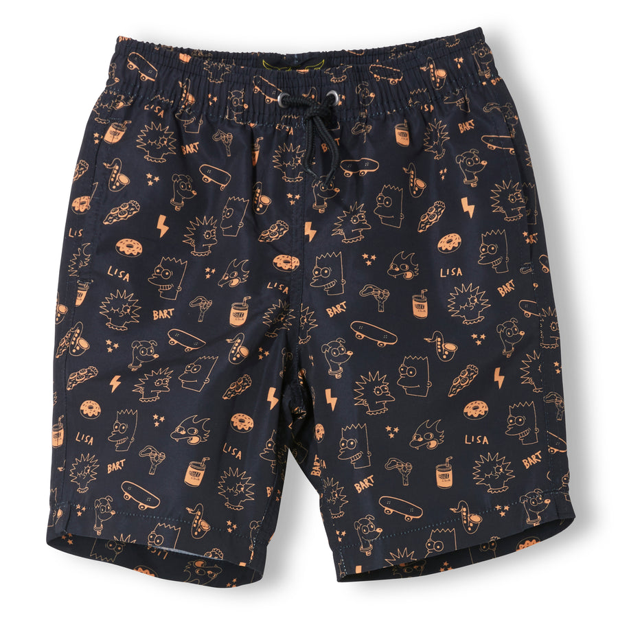 GOODBOY Black Simpsons Faces - Boy Woven Surf Bermudas