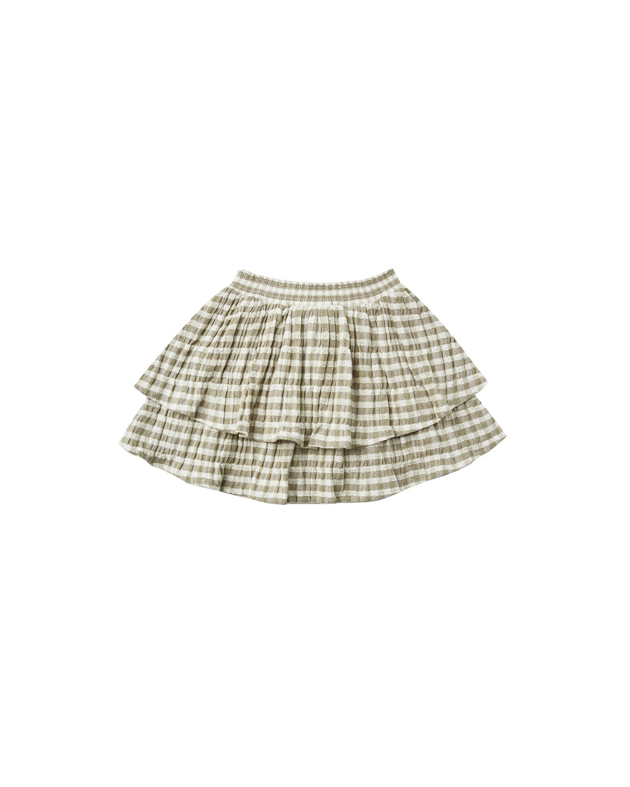 Tiered Mini Skirt Gingham Olive